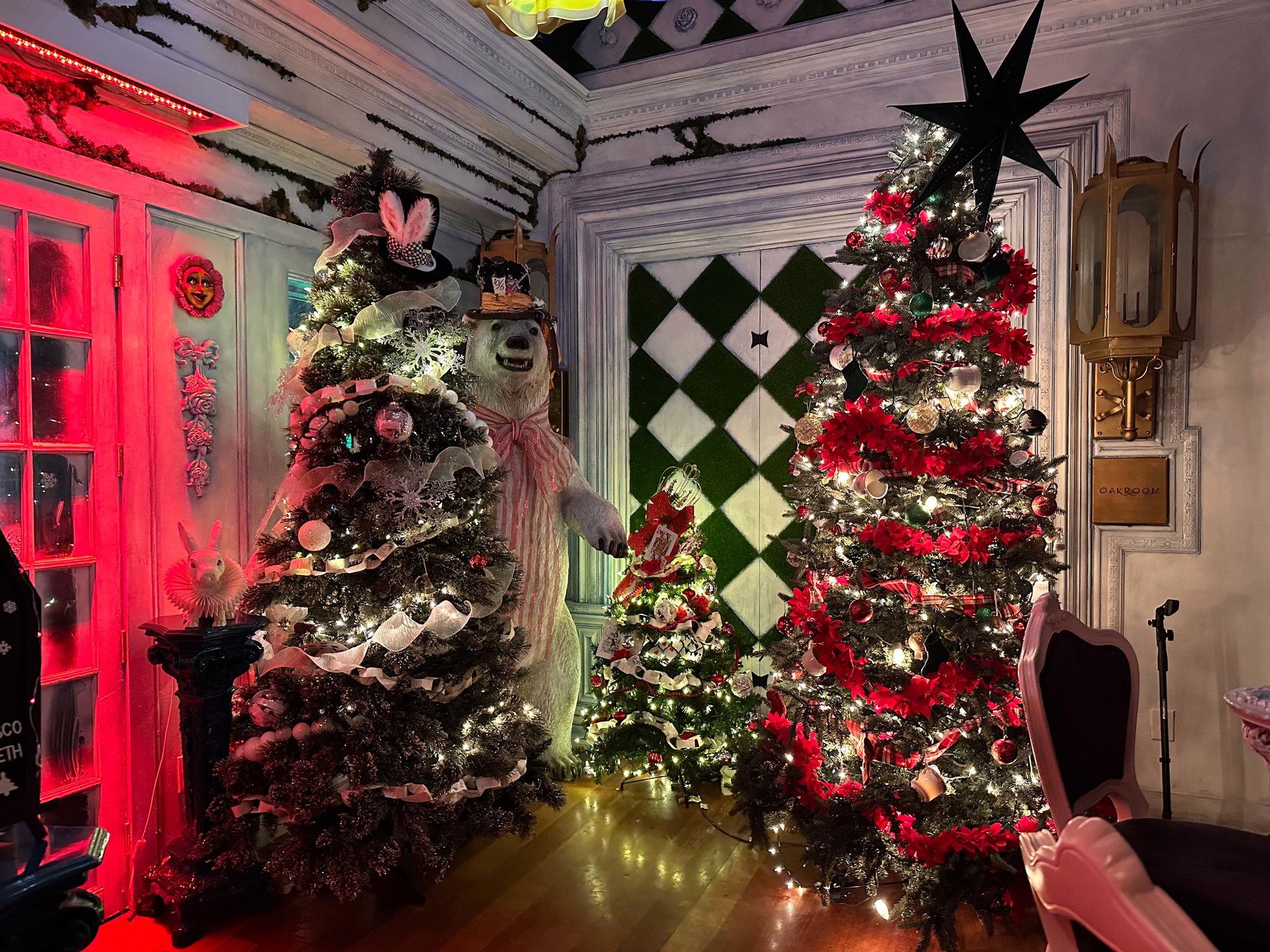 christmas trees with alice in wonderland theming